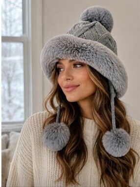 Cozy Grey Knit Pom-Pom Hat